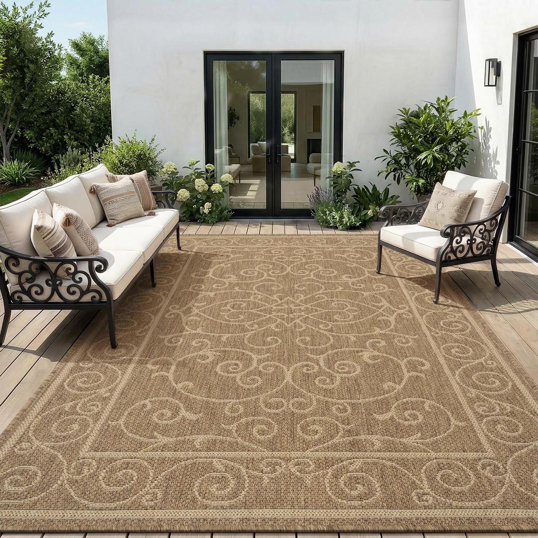 MontVoo-Outdoor Rug-Patio Rug 5x7 ft Polypropylene Indoor Outdoor Rugs Outdoor Carpet for Patio Deck Balcony Porch, Textured Weave, Durable for High Traffic, Fade-Resistant, Vintage Neutral Brown