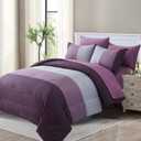 WONGS BEDDING Purple Comforter Set Queen, Reversible Purple Striped Patchwork Alternative Comforte Set for Queen Bed,3 Pieces(1 Comforter+2 Pillowcases), Soft Microfiber Bedding Set 9090