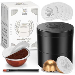 Reusable Vertuo Capsule Kit  50 Pcs Aluminum Foil Seal Lids, Holder & Brush Included  for Refilling Nespresso Vertuo/Vertuoline Pods, Reusable Coffee Capsules Tool Set