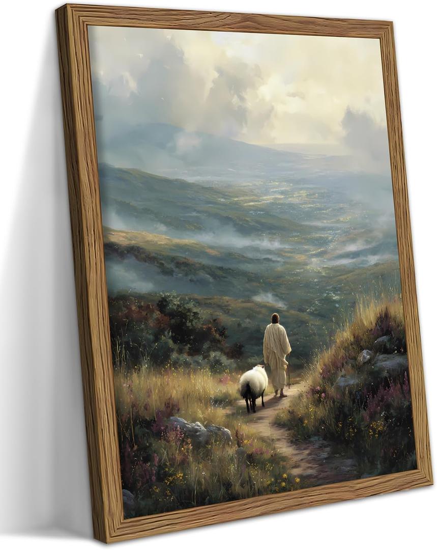 Framed Christian Wall Art Jesus Pictures Canvas Prints, Vintage Jesus Shepherding Gifts of Christian, Religion Wall Decor Painting, Religious Artwork for Bedroom Prayer Room 12x16in