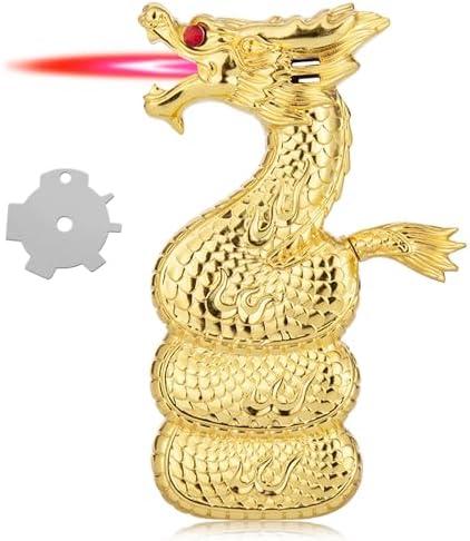 Lighter, Relief Dragon Jet Red Flame Lighter with Adjusting Flame Tool, Creative Windproof Cool Jet Flame Butane Lighter, Refillable Butane Lighter for Outdoor Indoor (Without Butane)-Gold