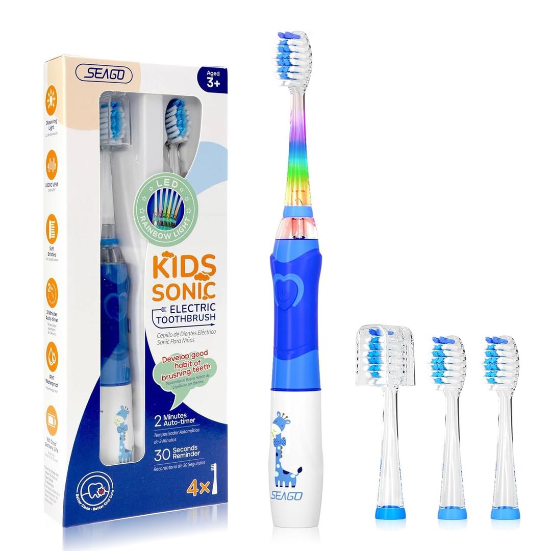 SEAGO Kids Electric Toothbrush with 2 Mins Brushing Timer and 4 Replacement Brush Heads, Rainbow LED Light Makes Brushing Fun, Boys Battery Powered Toothbrush for 4-12 Years OldSG-977 (Blue)