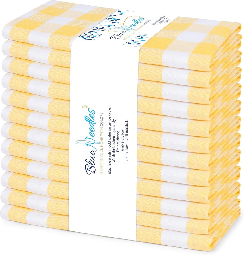 Blue Needles Gingham Buffalo Plaid Cloth Napkins 100% Cotton Set of 12 Dinner Table Napkins 18x18 inch - Spring Summer Easter - Soft, Reusable, Washable Perfect for Everyday Use - Lemon Yellow & White