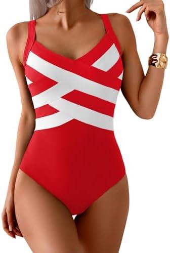 Aidonger One Piece Swimsuit for Women Modest Full Coverage Bathing Suit Slimming Color Block V Neck Swimwear, M