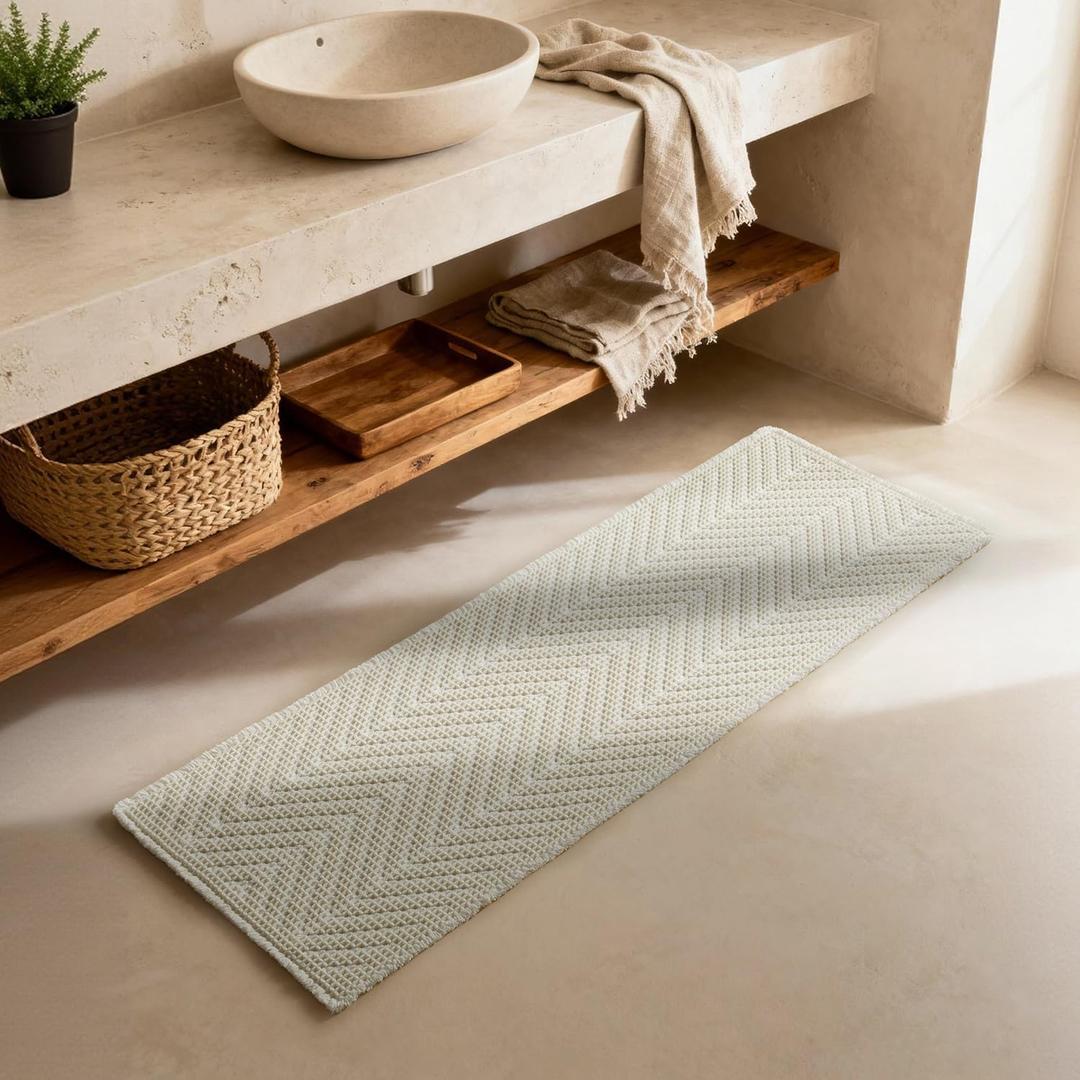 Sunfly Waffle Runner Rug for Bathroom, Long Boho Bath Mat Non-Slip Washable Super Absorbent Quick Dry, Farmhouse Bathroom Decor 24"x72" Cream