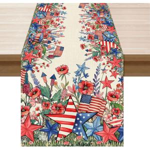 2 x XCHI Watercolor Flowers America Stars Fireworks Memorial Day Table Runner 4th of July Patriotic Independence Day Table Decoration for Party Home Kitchen Dining Holiday Decor 13x48 Inch