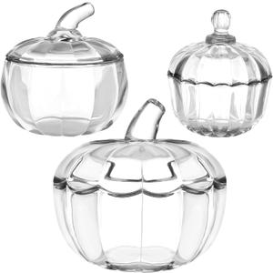 3Pcs Glass Pumpkin Jar with Lids Crystal Candy Dish Clear Apothecary Jar Covered Candy Bowl Cute Jewelry Cookie Snack Box for Home Party Wedding Office Desk