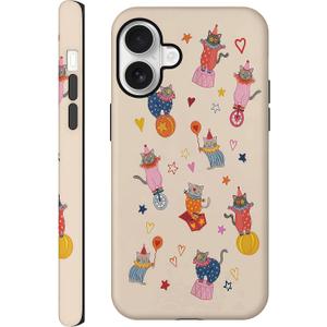 Aesthetic Cases for iPhone 16 Plus, Glossy Hybrid 2-Layer Hard Cover, Protective Scratch Resistant Shell, Cute Circus Cat