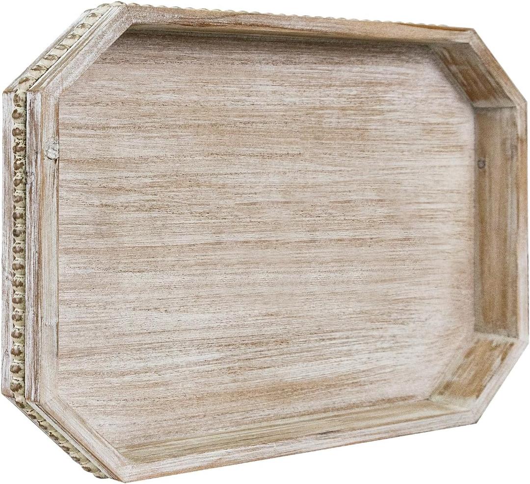 Wooden Decorative Tray, Rustic Serving Tray with Wood Bead, Farmhouse Big Tray for Ottoman, Countertop, Coffee Table, 16.5" x 13"x 1.6" (White Washed)