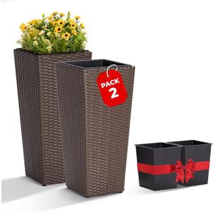 IDZO All Weather Wicker Planters for Outdoor Plants Set of 2, 24 inch Tall Planter for Front Porch, Patio, Balcony, Indoor Usage - Square Rattan Flower Pots, Mocha