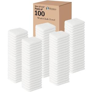 100% Cotton Washcloths - 100 Pack Soft Washcloths for Face & Body - Highly Absorbent - 12 x 12 in - White