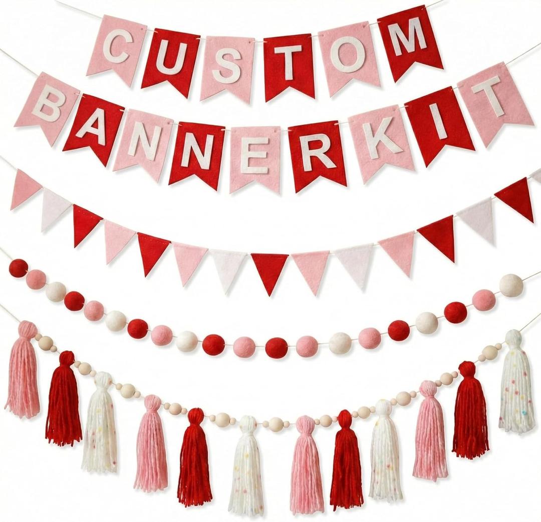 139 Pcs Felt DIY Custom Banner Kit Include 104 Letters 18 Swallowtail Flags 15 Pennants 2 Pcs Pom Pom Garland Tassel Pompom Decoration for Home Baby Shower Birthday(Valentine's Pink)