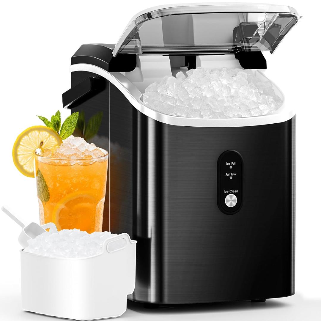 Antarctic Star Nugget Ice Maker Countertop with Soft Chewable Ice, Portable Sonic Ice Maker with Basket and Scoop, Removable Top Cover, Auto-Cleaning for Home/Party/RV/Camping (Stainless Steel Black) (34Lbs/24H)