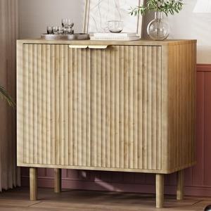 IKALIFE Sideboard Buffet Cabinet with Storage, Modern Fluted Accent Credenza with Doors & Adjustable Shelves, Wood Coffee Bar Console Table for Living Room, Dining Room, Kitchen or Entryway 32.5" Oak 15"D x 31.1"W x 32.5"H
