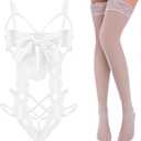 Women Sexy Lingerie Set Unwrap Me Bow Tie Lingerie with Lace Stockings Smooth Ribbon Lingerie for Valentines Outfit (White)