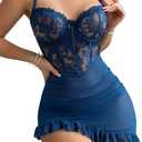 Sexy Corset Bodycon Ruffle Sheer Underwire Mesh Lace Floral Outfits Babydoll Lingerie Set Dress with Thong 2 Piece (Navy Blue, XS)