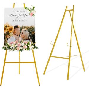43.5" Gold Metal Easel Stand for Sign, Heavy Duty Folding Easel for Wedding Welcome Sign, Decorative Easel for Mirror, Art, Photo, Adjustable Painting Display 4-Tier Height