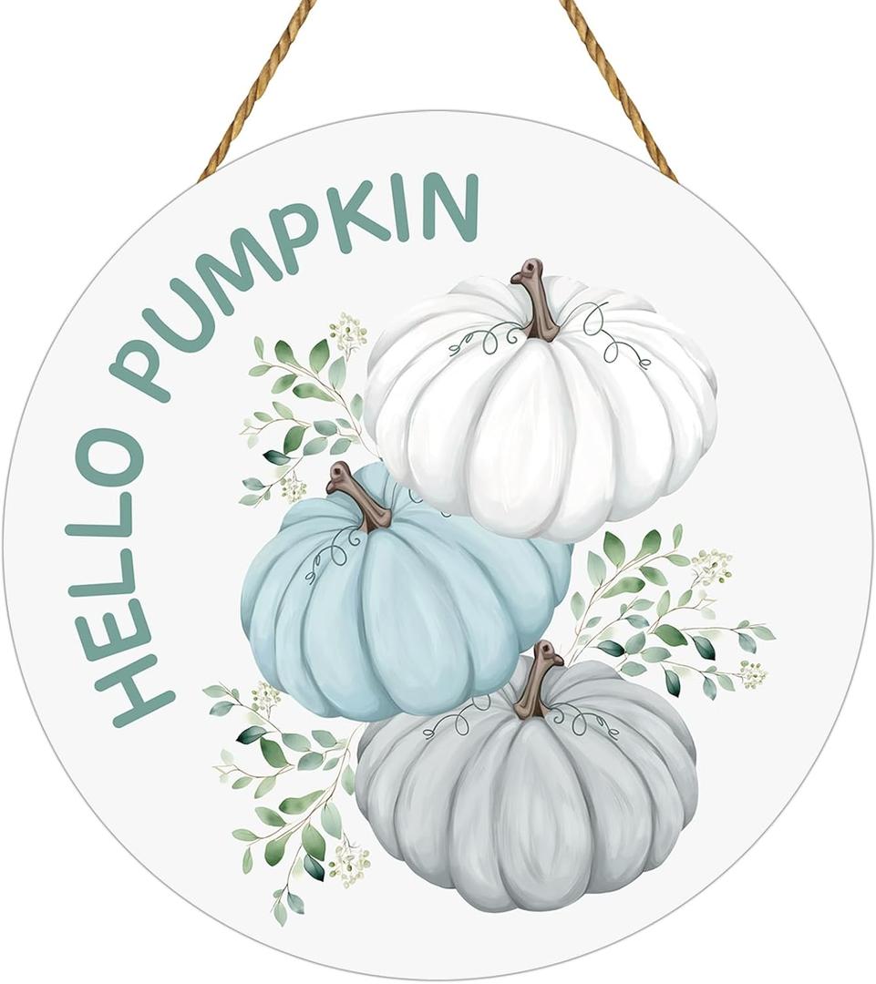 Fall Door Decor White Blue Pumpkin Wall Decor Hello Pumpkin Sign Fall Decorations for Home Porch Wooden Front Door Hanger for Harvest Indoor Outdoor Home Decorations