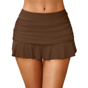 Tempt Me Women Ruched Ruffle Swim Skirt - 2025 Mid Rise Tummy Control Bikini Swimsuit Bathing Suit Skirt Bottom (Large, Brown)