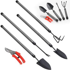 Garden Tools Set 5 Piece with Extended Handle, Heavy Duty Garden Tools Set, Ideal Gardening Tool Kit Gifts for Parents and Kids Including Trowels, Hand rake, Weeder, Pruning Shears