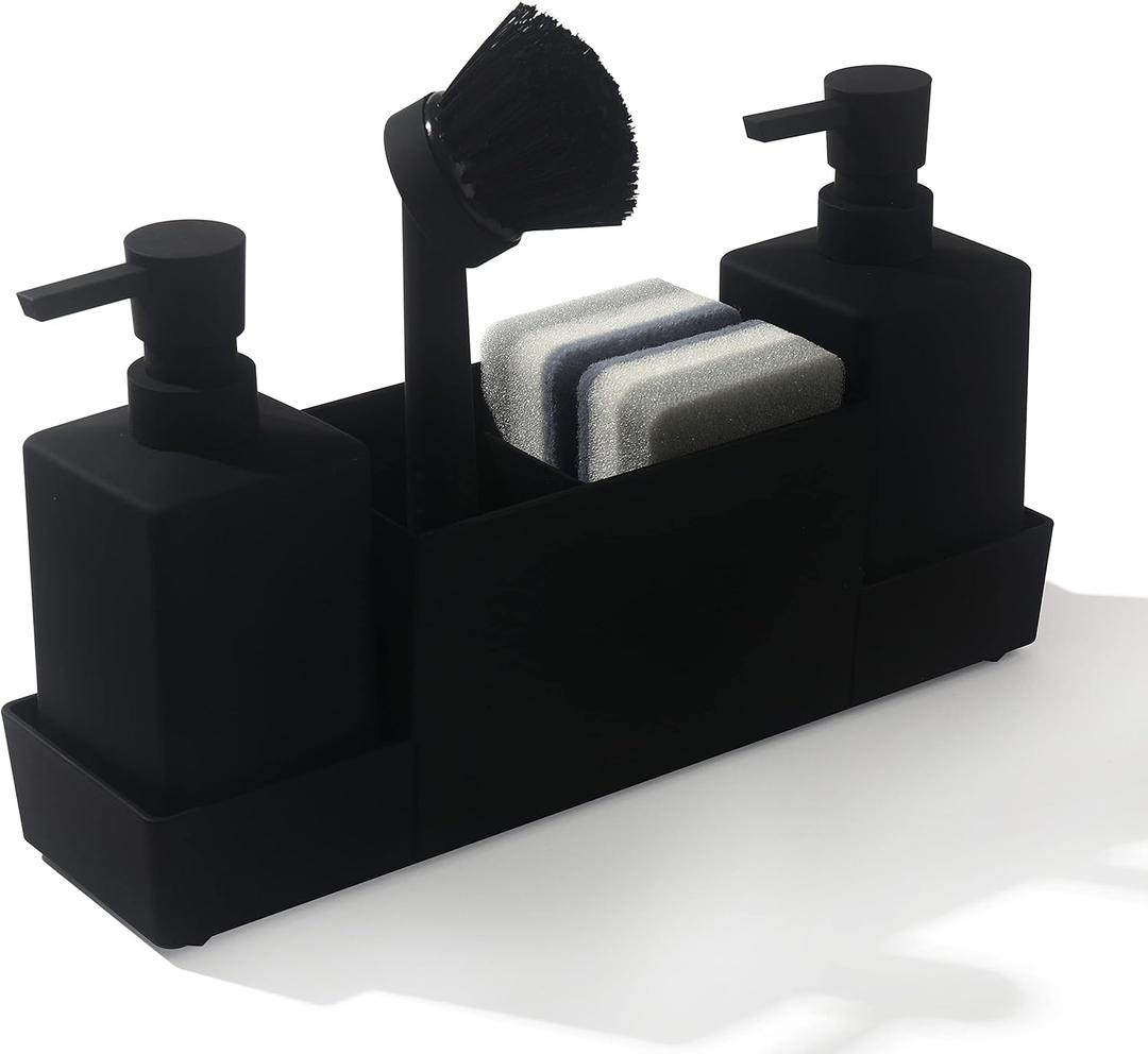 Kitchen Soap Dispenser with Sponge Holder Set for Sink Caddy, Hand Soap and Dish Soap Dispenser with Brush (Black)