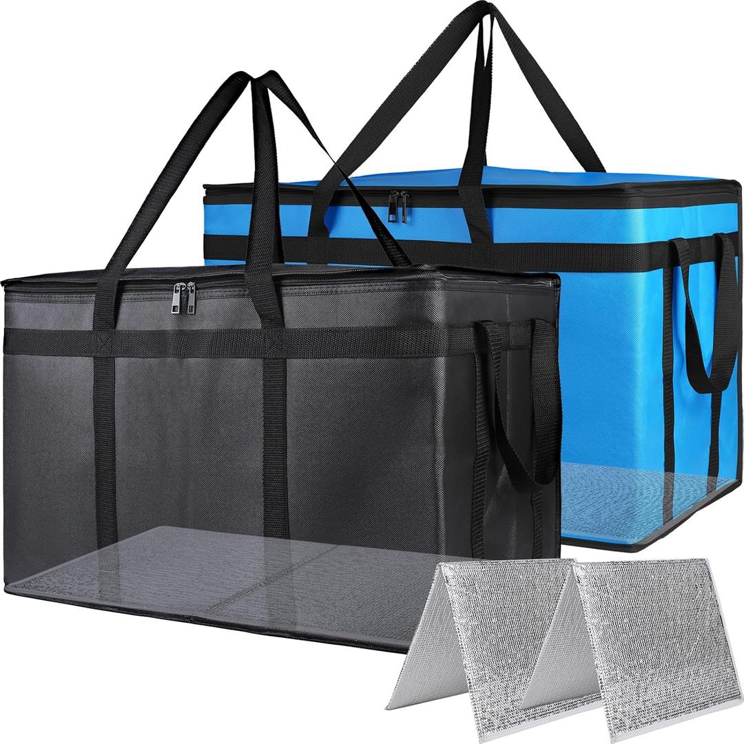 Bodaon 2PK Cooler Insulated Food Delivery Bag with Bottom for Doordash/Uber Eats, XXX-Large Thermal Bags for Catering/Hot Pizza, Travel/Camping/Picnic BasketGrocery Reusable Warmer Frozen, Black-Blue