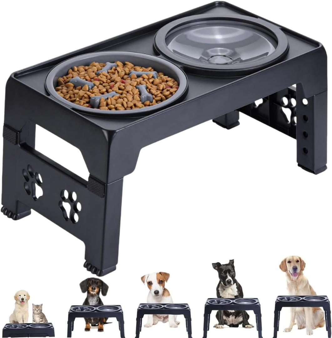 LALOBLUE Elevated Dog Bowls, Raised Dog Bowl with 2 Stainless Steel Dog Food Bowls, Dog Bowls Stand Adjusts to 5 Heights 2.95", 8.46", 9.65", 10.82", 12.01" for Small Medium Large Dogs Cats Pets,Black, No spill water bowl+Slow Feeder