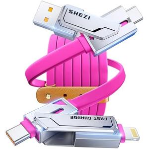 SHEZI 4-in-1 USB C Cable 60W 5FT Lightn-ing Cable Fast Charging [480Mbps Data Transfer] Flat Thick Silicone for iPhone/ iPad Charger Cord, Multi Charge Wire Combo with Lightn-ing/ USB C/ USB A Port, Pink