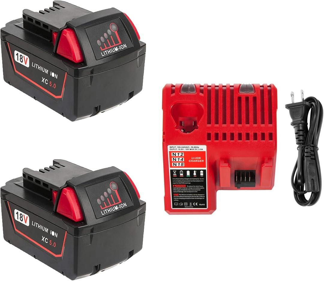 2PACKS 5.0Ah 18V Lithium Battery and Charger for Milwaukee M18 Battery 48-11-1820 Cordless Power Tools Batteries, Capacity Output 5.0Ah