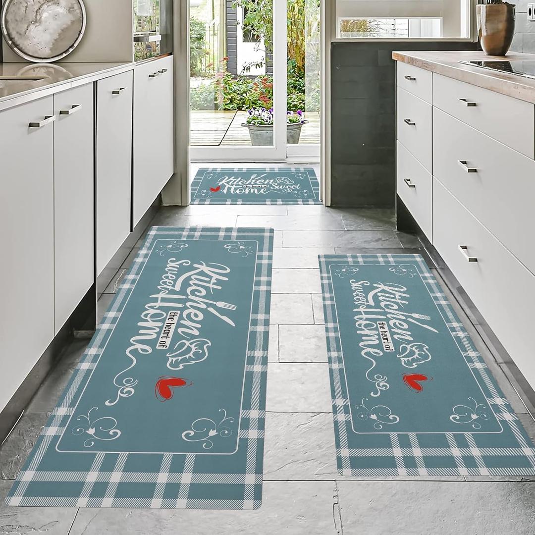Kitchen Mats for Floor with Grid Design, Farmhouse 3 Piece Washable Absorbent Runner Rugs Non Slip Cushioned Kitchen Mat Comfort Rug Set for Kitchen, Floor, Office (17*30+17*47+17'*59", Turquoise)
