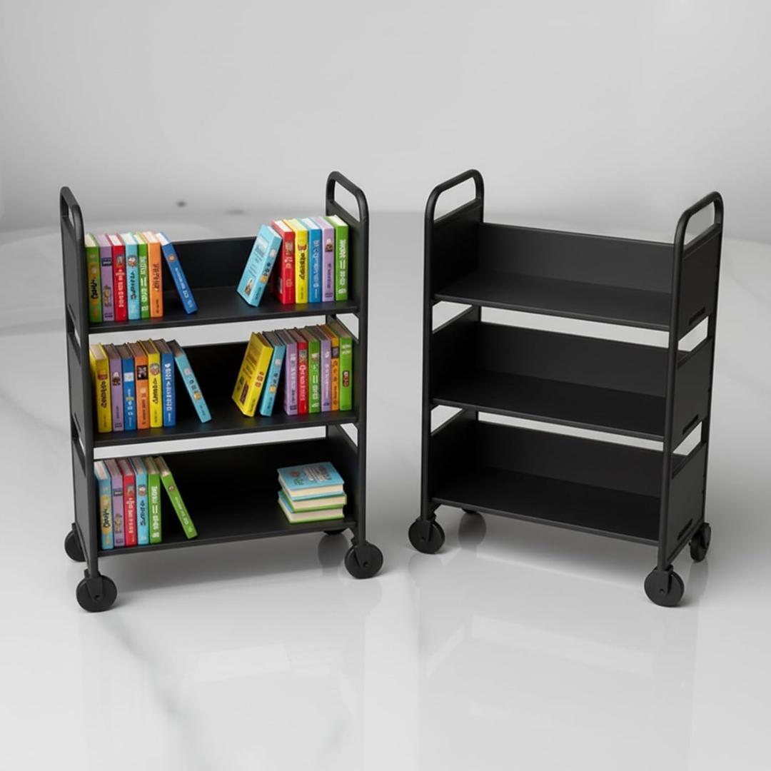 1/6 Scale Miniature Library Cart  3-Tier Book Trolley Display Stand for Mini Collections, 3D Printed Bookshelf Model, Aesthetic Desk Decor & Book Lover Gift, 2pc (Black)