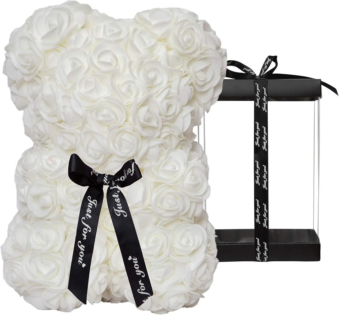 DuHouse Rose Bear Rose Teddy Bear Flower Gift Black Box for Valentines Gifts Anniversary Christmas,Birthdays Bridal Showers -Fully Handmade 10 inch Flower Bear Clear Gift Box(White)