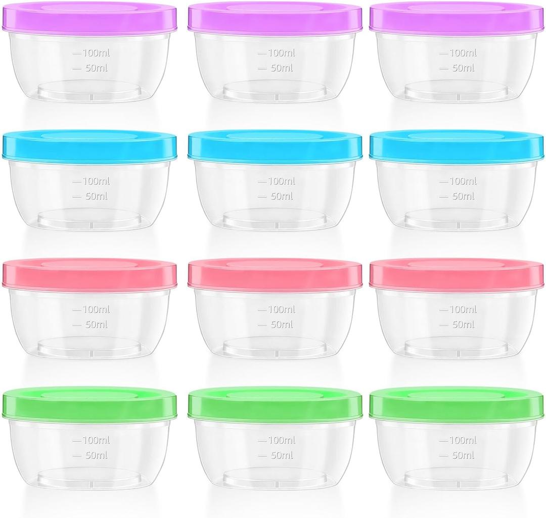 Zezzxu 5 oz Small Freezer Storage Containers with Screw Lids, 12 Pack Reusable Plastic Food Jars Stackable Deli Containers (Microwave & Freezer Safe)