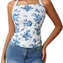 Women's Floral Print Halter Crop Top Summer Ruched Tie Backless Sleeveless Boho Tank Tops (XS)