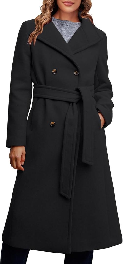 Fisoew Women Double Breasted Coats Long Winter Work Office Overcoat Pocketed Outwear with Belt (Medium, Black)