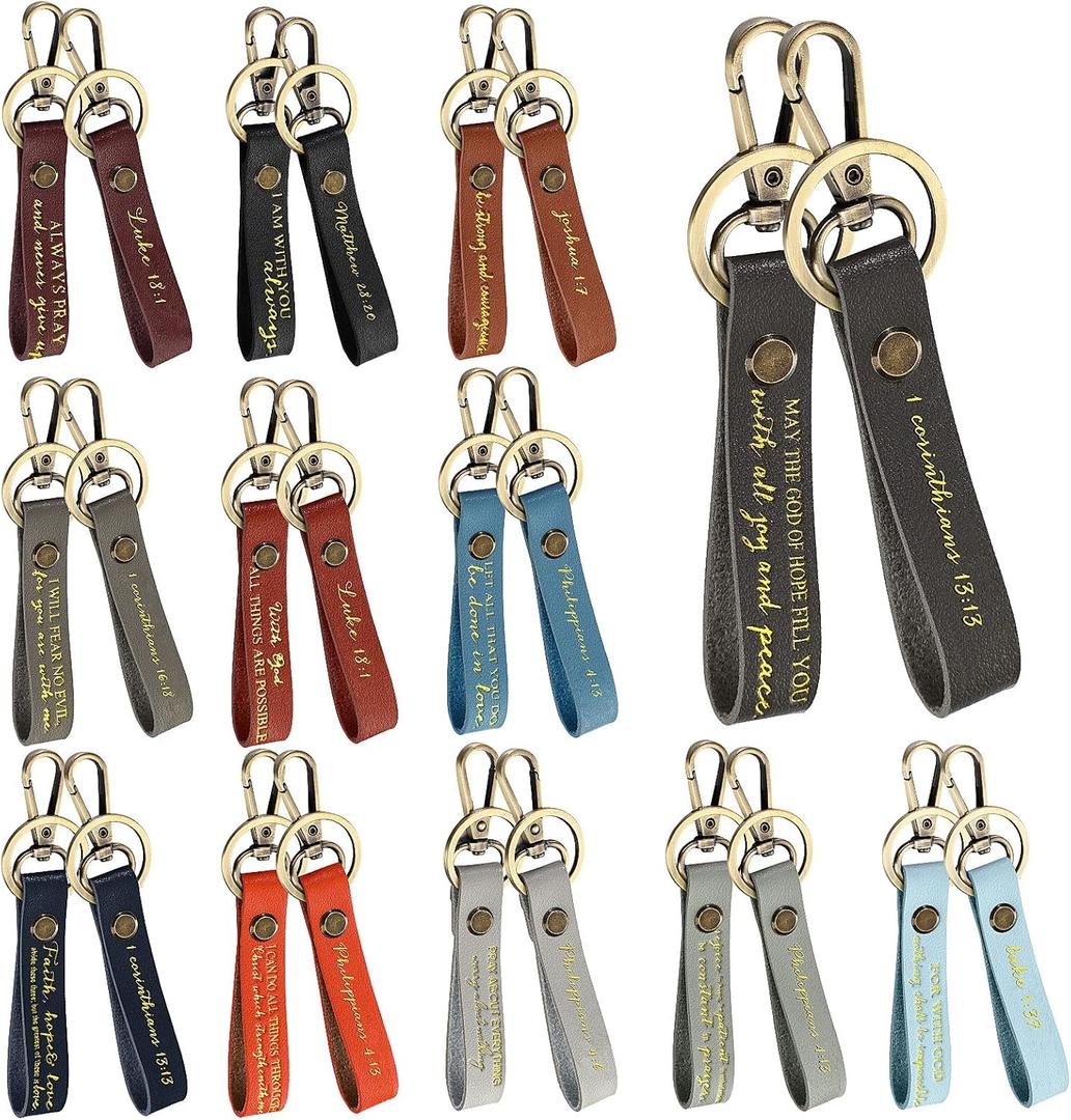 Yinkin 24 Pcs Christian Inspirational Bible Verse Keychains Christmas Gifts Bulk Religious Scripture Quote Leather Keychain Strap for Church Sunday School Baptism Party Favors