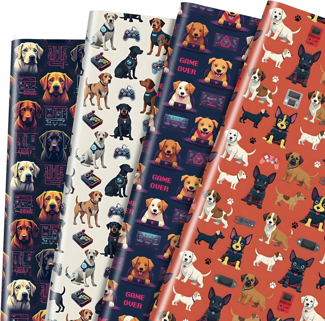12 Sheets Dog Gaming Wrapping Papers, Puppy Video Game Design Gift Wrap Papers, Gamepad Console Gift Packing Paper Art Paper for Birthday Game Party Decor Game Pet Lover Boys Girls, 28 x 20IN