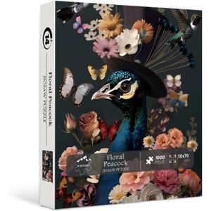 Peacock Puzzles for Adults 1000 Pieces, PICKFORU Colorful Flower Bird Jigsaw Puzzles Hummingbird Butterfly, Difficult Challenging Vintage Animals Art Theme as Wall Decor