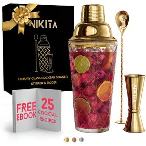 Glass Cocktail Shaker Set - 5 Piece - Gold Martini Shaker Set with Strainer, Jigger, Spoon & Muddler - 16 oz Drink Shakers Cocktail - Ideal Gift for Home Bar & Drink Trolley Dcor