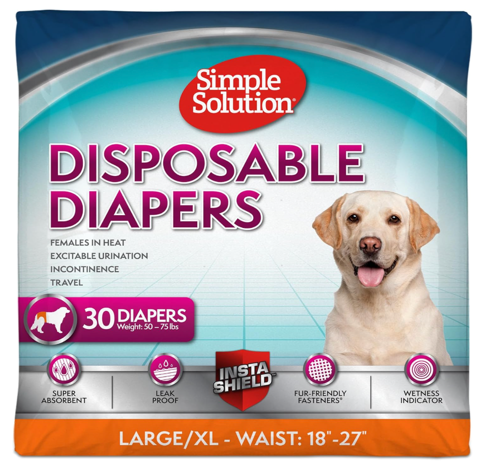Simple Solution Disposable Dog Diapers, Female Dog Diapers, Puppy Potty Training, Incontinence and Heat Cycle Protection, Large Diapers for Dogs, 18-27 Inch Waist, 30 Count