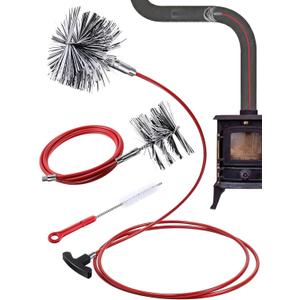 Feekoon Pellet Stove Cleaning Kit, 20 FT Flexible Steel Rod with 3" & 4" Brush Head, Flue Detail Cleaner, Pellet Stove Accessories for Vent Pipes Cleaning - Reduce Buildup & Improve Airflow