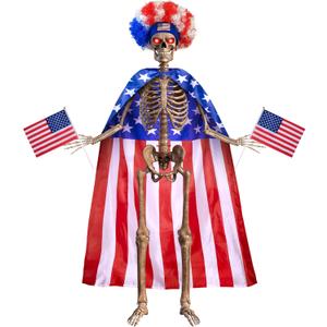 4th of July 6ft Skeleton Clothing Accessories, USA Flag Skeleton Costume with Fuzzy Wig, Patriotic Costume Cape String Flag for Outdoor Garden Lawn Decor Independence Day Party Celebration