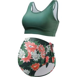 GINKANA Maternity Bikini Two Piece Tie Knot High Waisted Bikini Set Summer Maternity 2 Piece Swimsuit Racerback Bathing Suits (Black, S)