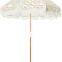 Business & Pleasure Co. Holiday Umbrella - Boho Beach Umbrella with White Fringe, UPF 50+, 1" Tilting Wood Pole, 5ft x 6.5’ft Eyelet