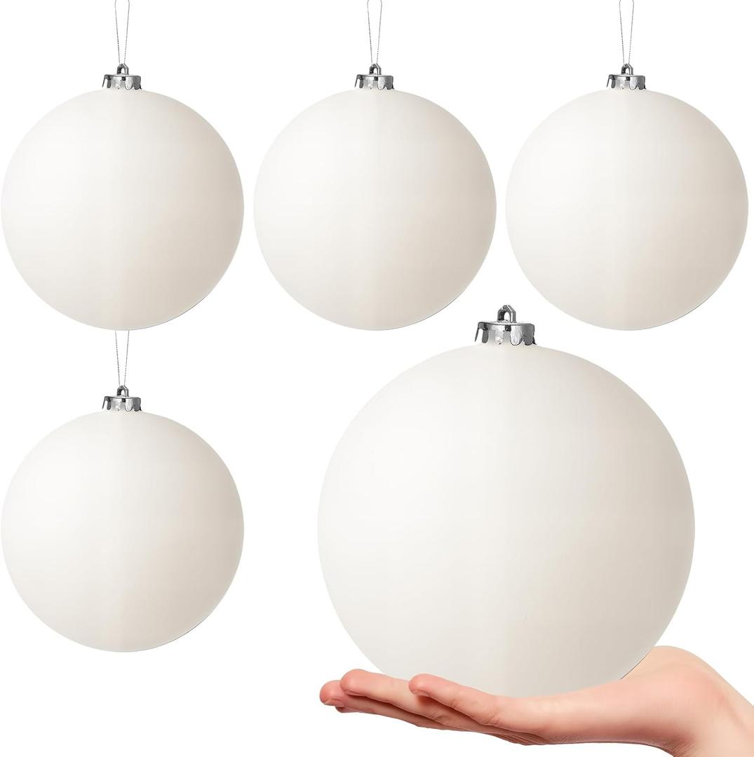 4 Pcs 6 inch Extra Large White Christmas Ornaments Balls Plastic Giant Jumbo Shiny Xmas Tree Hanging Decoration for Home Outside Holiday Lawn Yard Party (4, White, 6 in)