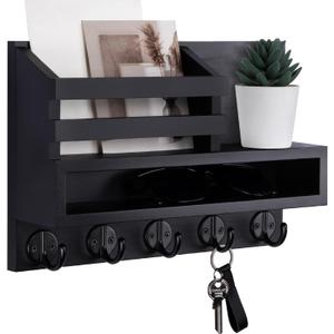 Key and Mail Holder Wall Mount, Key Hanger with Long Storage Box and 5 Hooks for Coat, Dog Leash, Home Decor Rack, House Accessories, Entry Way Organizer 11.8W x 7.8H x 3.2D (Black)