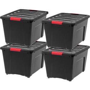 IRIS USA 51 L (54 QT) Plastic Storage Box with Lid and Latches - 4 Pack - BPA-Free, Garage Organizing Solution, Durable Nestable Stackable Containers, Secure Pull Handle - Black