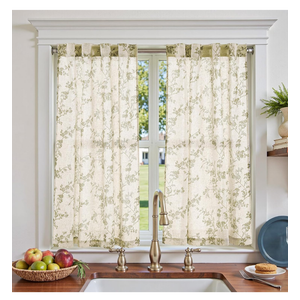 jinchan Floral Kitchen Curtains 45 Inch Linen Tier Curtains Farmhouse Cafe Half Window Drapes for Small Windows Light Filtering Sage Green on Beige for Living Room Bathroom Back Tab 2 Panels