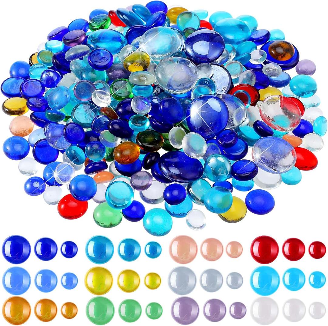 Honeydak 300 Pcs Flat Glass Marbles for Vases Glass Pebbles Floral Fish Tank Rocks for Vases Table Scatter Aquarium Decor (2.4LB) (Colorful)