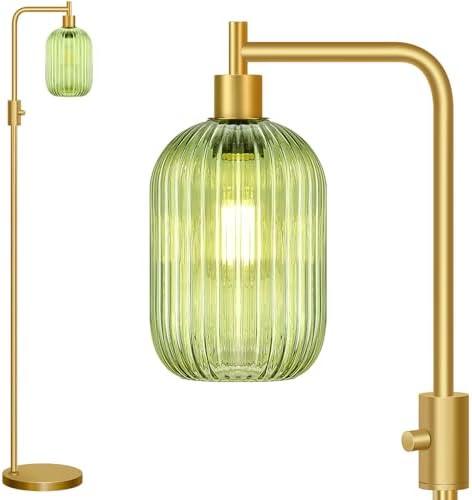  Dimmable Glass Floor Lamp for Living Room, Modern Gold Standing Lamp with Green Ribbed Glass Lampshade & Knob Dimmer, Arc Tall Lamp for Bedroom Office Reading Room, 2700K Led Bulb Included